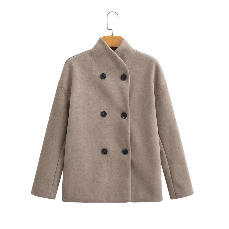 

Fashion Stand Collar Loose-Fitting Short Coat Woolen Coat Khaki L