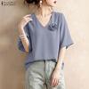 Women Casual V-Neck Solid Color Loose Half Sleeve Blouse