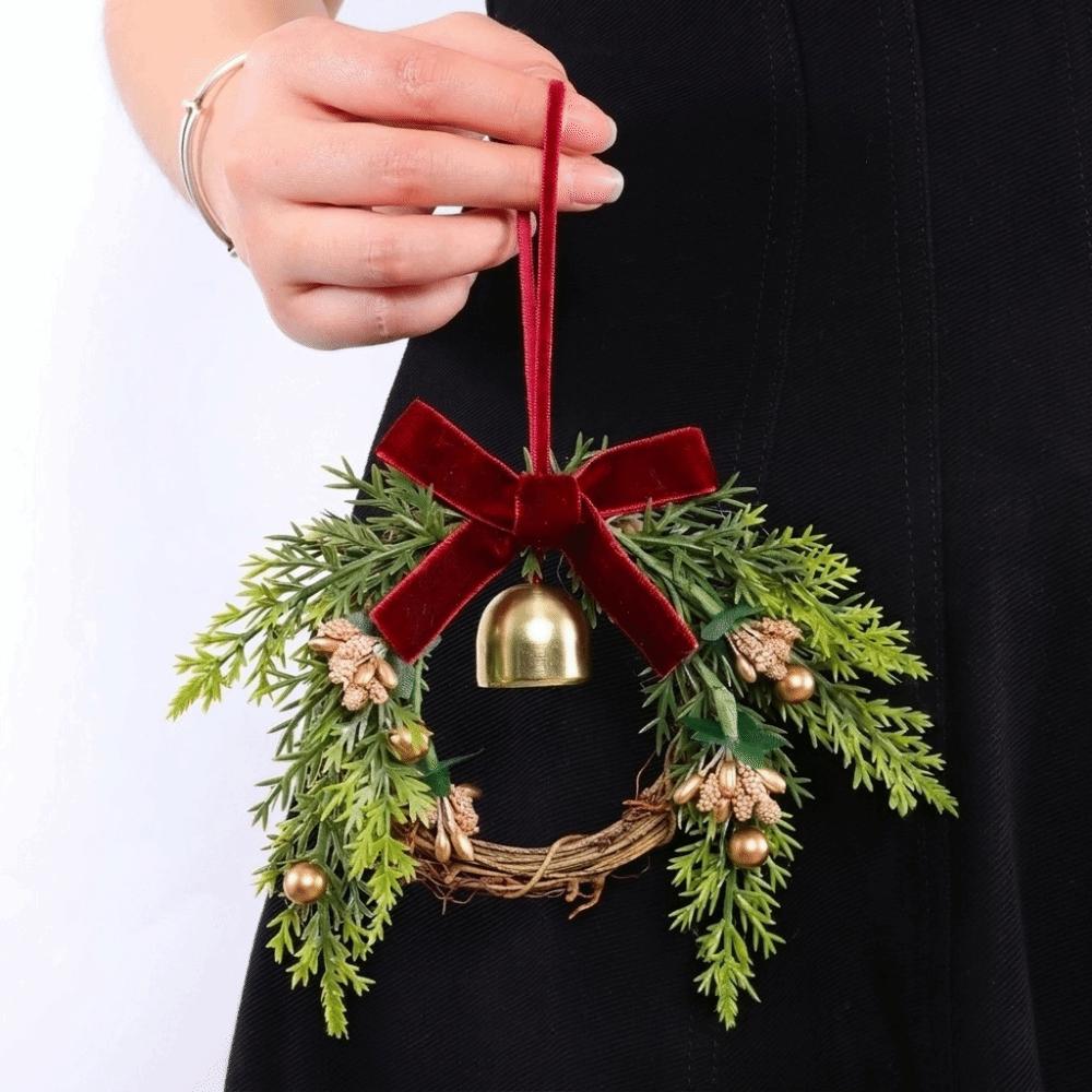 Velvet Bow Christmas Wreath Metal Bell Xmas Tree Hanging Ornaments Vintage Door Garland  Indoor