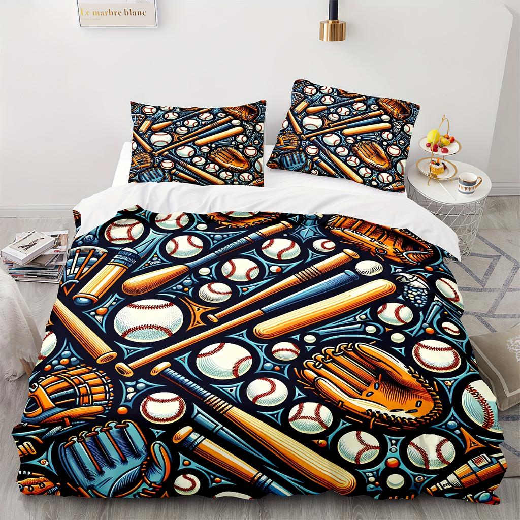2/3Pcs Baseball Graphic Print Bedding Set Suitable For Boys' And Girls' Bedroom Use Machine Washable. Gifts For Baseball Sporter