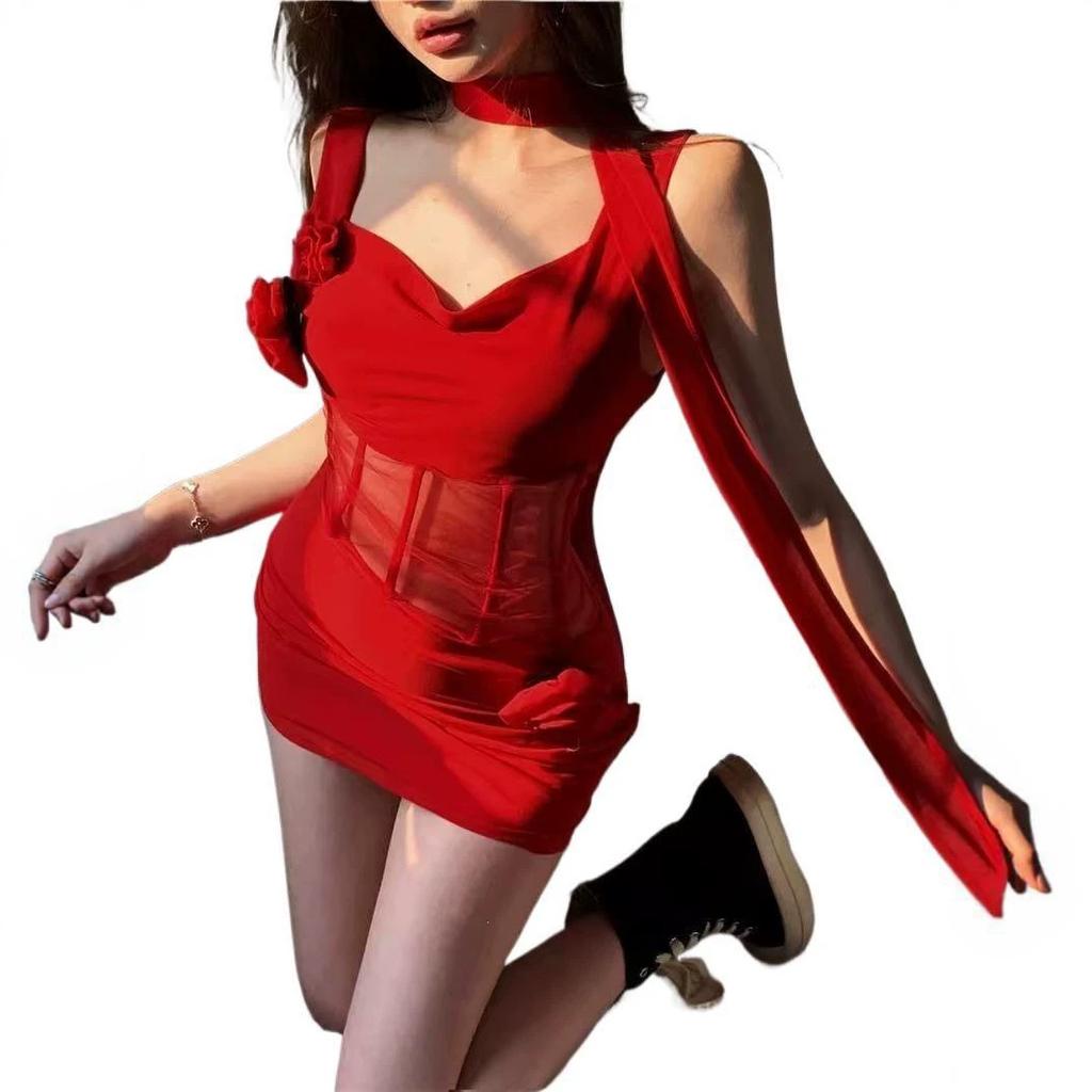 Design sense sexy pure desire swinging collar suspender dress women's red fashionable waist thin bag dress women's clothing