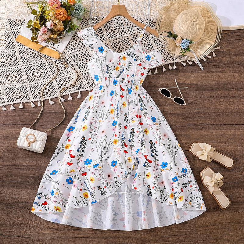 

Girls Fashion Dress Summer Children s Elegant Print V-Neck Strapless Asymmetric Hemline Waist-Defining Long Dress 170cm=12Y білий