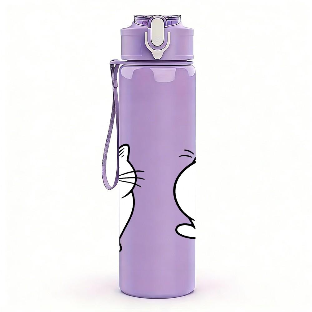 1PC Black White Cat Couple Cartoon Pattern 750ml Color Plastic Sports Water Bottle Leakproof Flip Straw Lid Suitable for Sports Office Home Use