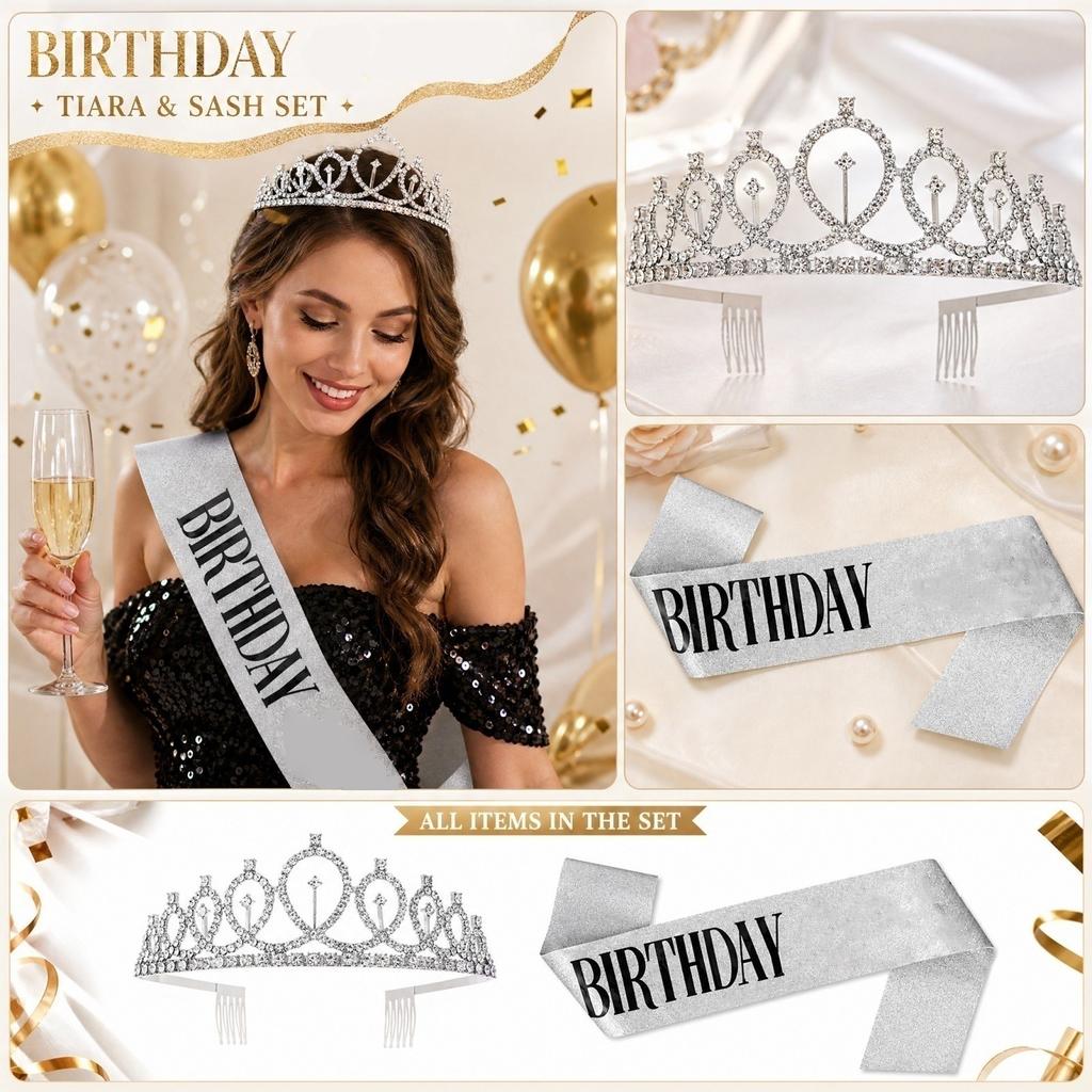Birthday Sash and Headband Set for Party Photo Props