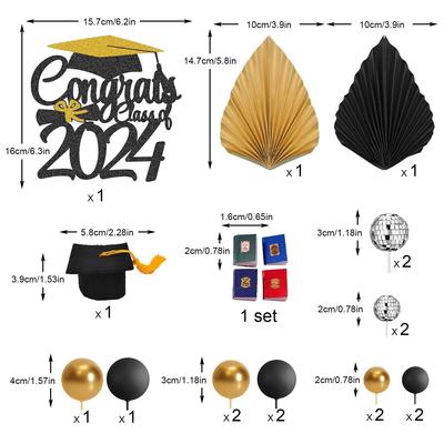 Graduate Cake Toppers Mirror Black Golden White Ball Cake Toppers Books Congrats Decoration for 2025 High School College Senior