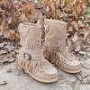 2022 Herfst Winter Europees Amerikaans Grote Maten Kwastjes Halflange Platte Leren Laarzen voor Dames