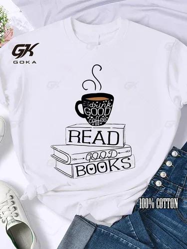 Coffee Books Brown Books American Retro Cotton T Shirt Woman Round Neck Half Sleeve T-shirts Printed Tops Woman Oversized Tees