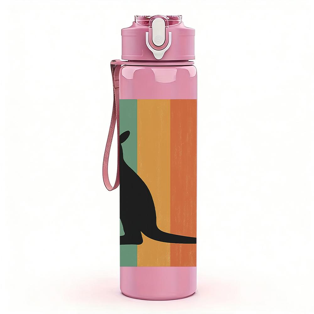 1PC Rainbow Striped Kangaroo Silhouette 750ml Color Plastic Sports Water Bottle Leakproof Flip Straw Lid Suitable for Sports Office Home Use