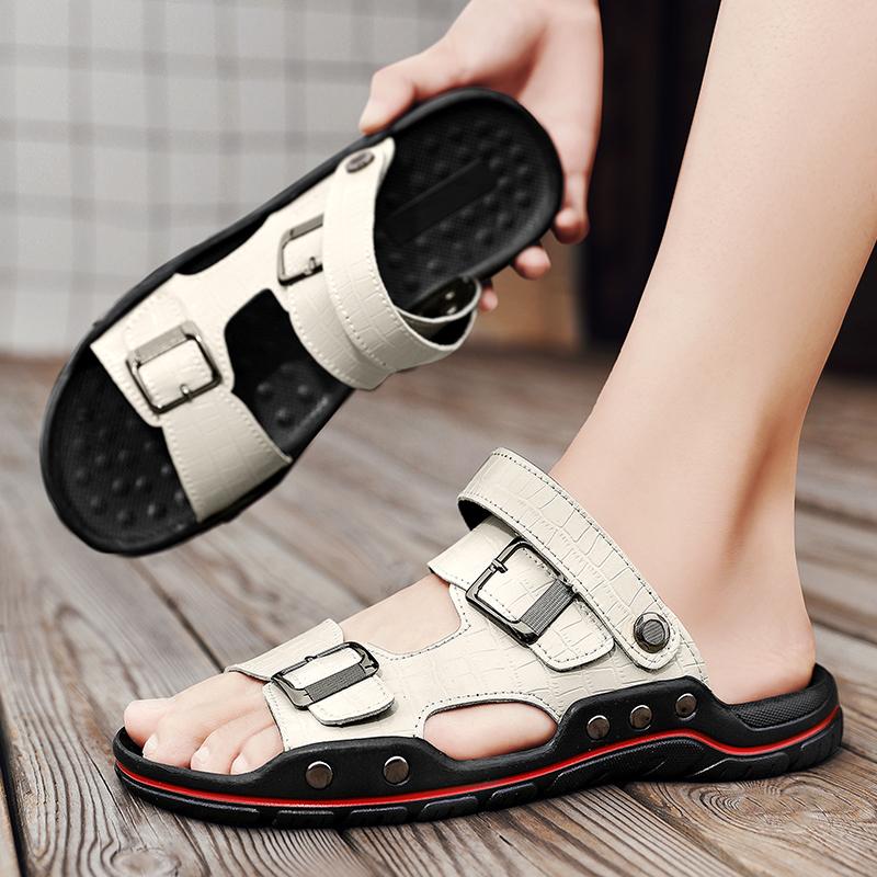 Romerske sandaler for menn svart hvitt skinn Gladiator sandaler utendørs sommer romerske sandaler for menn Peep Toe åpen tå strandsko