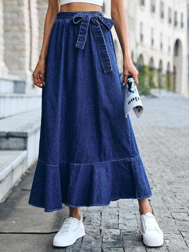 High-Waist Denim Midi Skirt with Ruffle Pleats for Women