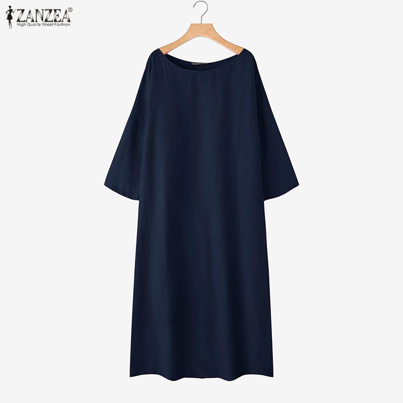 

ZANZEA Женское повседневное платье макси с круглым вырезом, длинным рукавом, однотонное, свободного кроя 2XL темно-синий