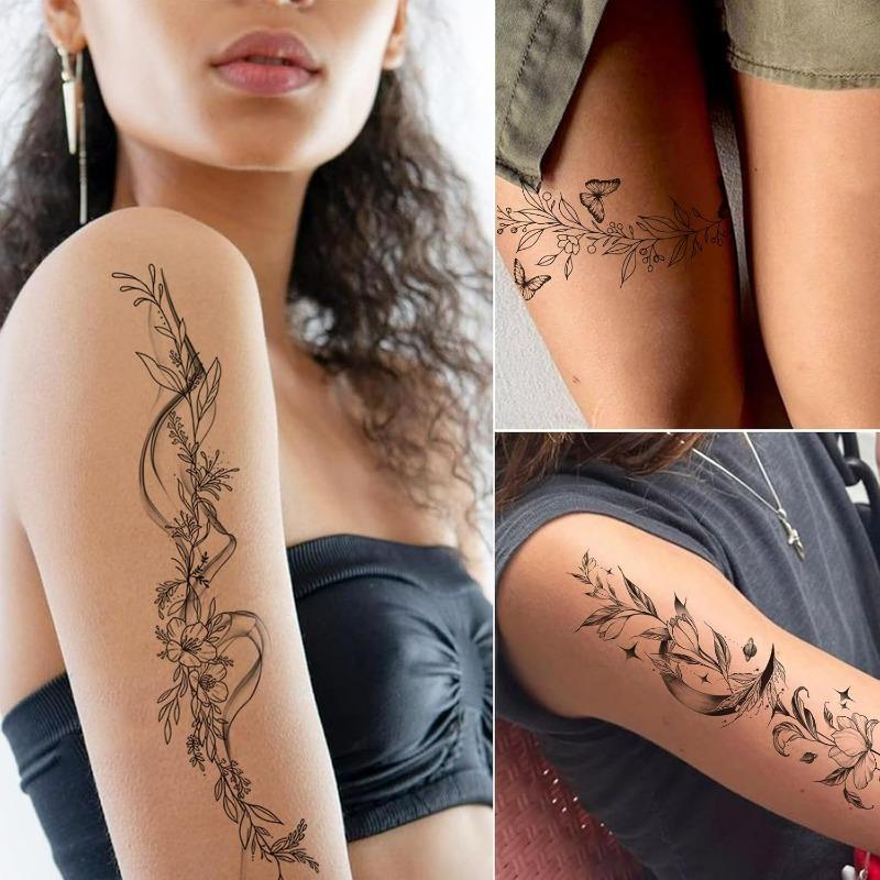 5-20pz Tatuaggi Temporanei Sexy Ramo Fiorito Nero Sole Luna Foglia Piante Selvatiche Modello Braccio Corpo Arti Tatuaggi Semi-Permanenti
