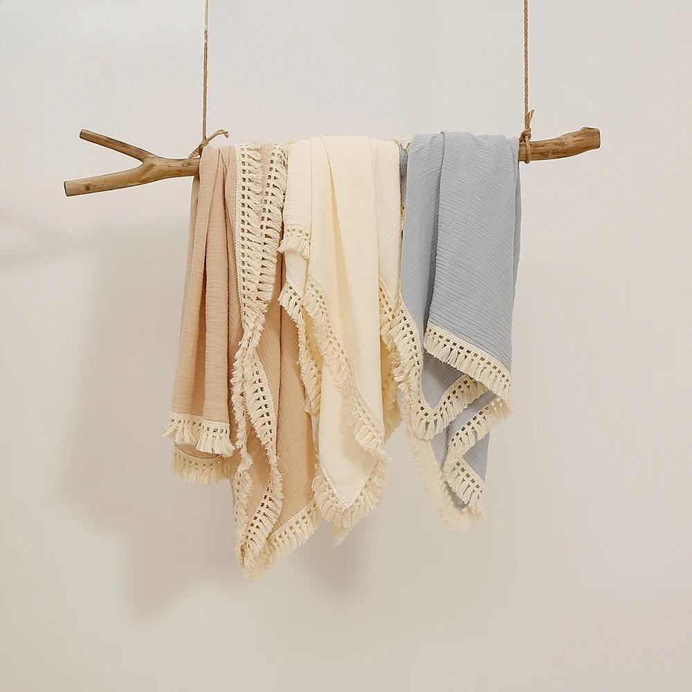 Muslin Gauze Baby Swaddle Blanket With Tassel Fringe Soft Breathable Newborn Receiving Wrap Infant Bath Towel Stroller Cover Baby Bedding Accessories