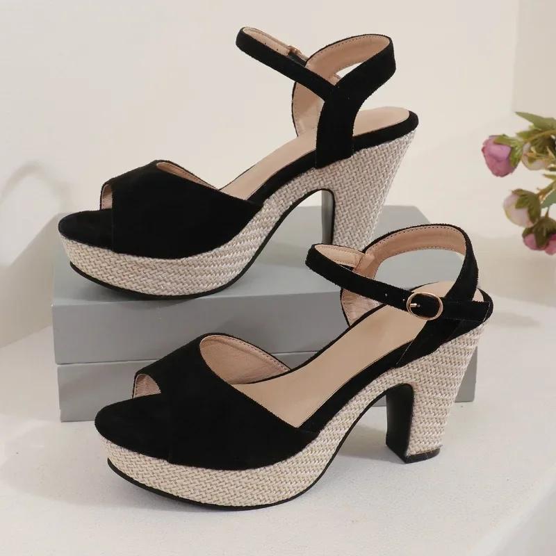 Fashion 2025 New Summer Open toed European and American Style Large Round Head Solid Color Buckle High Heel Sandals for Women