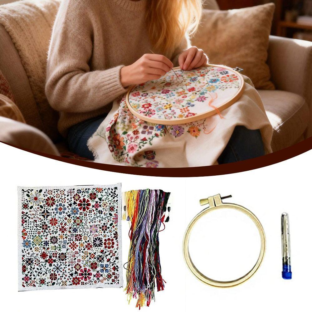 A Flower a Day Cross Stitch Kit Threads Embroidery Hoop Kit Embroidery Starter Kit for Beginners