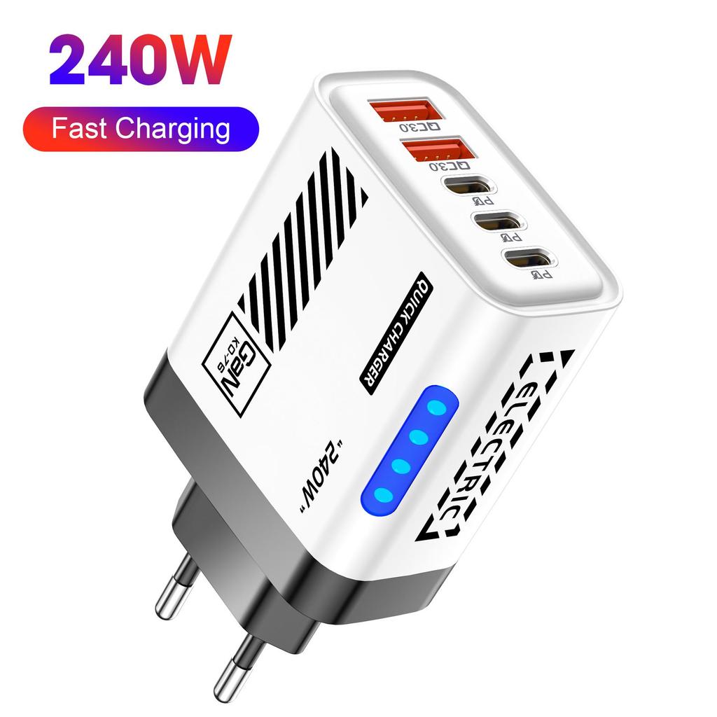 240W Dual-USB-Ladegerät mit 3 PD + Lichtern, Kompatibel mit Apple, Huawei und Dual-Typ-C Smart Fast Charging