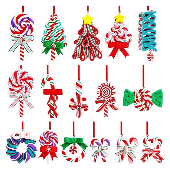 Christmas Gift Decorations 16 Pcs Lollipop Ornaments, Red Green Striped Peppermint Swirl Candy Cane Wooden Tree Pendants Hanging Decoration, Colorful