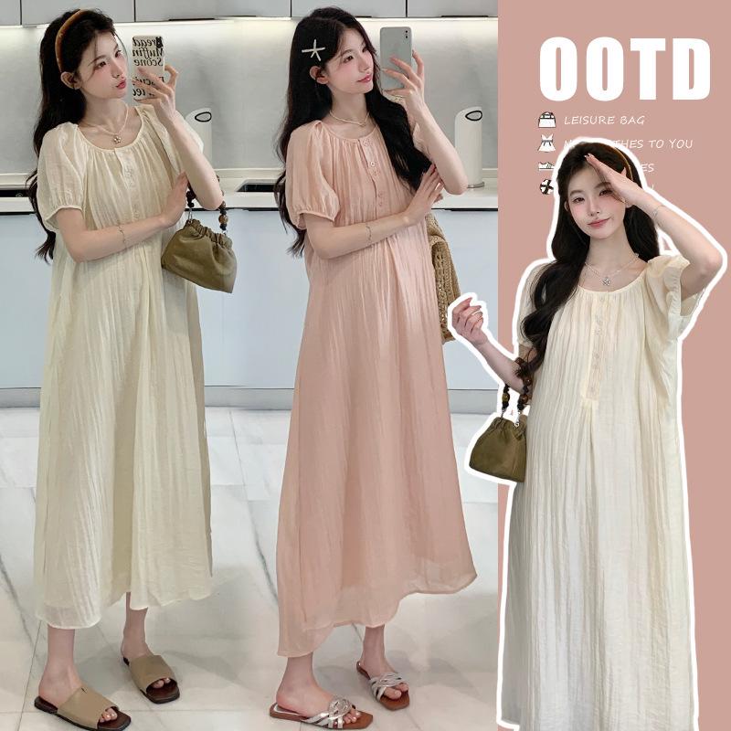 2026 Summer New Maternity Fairy Dress: Simple Round Neck, Loose Fit with Slimming Belt