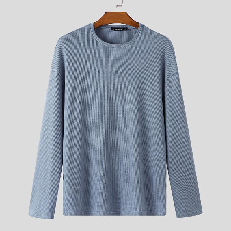 INCERUN Men Round Neck Long Sleeve Texture Casual Tops T-shirts