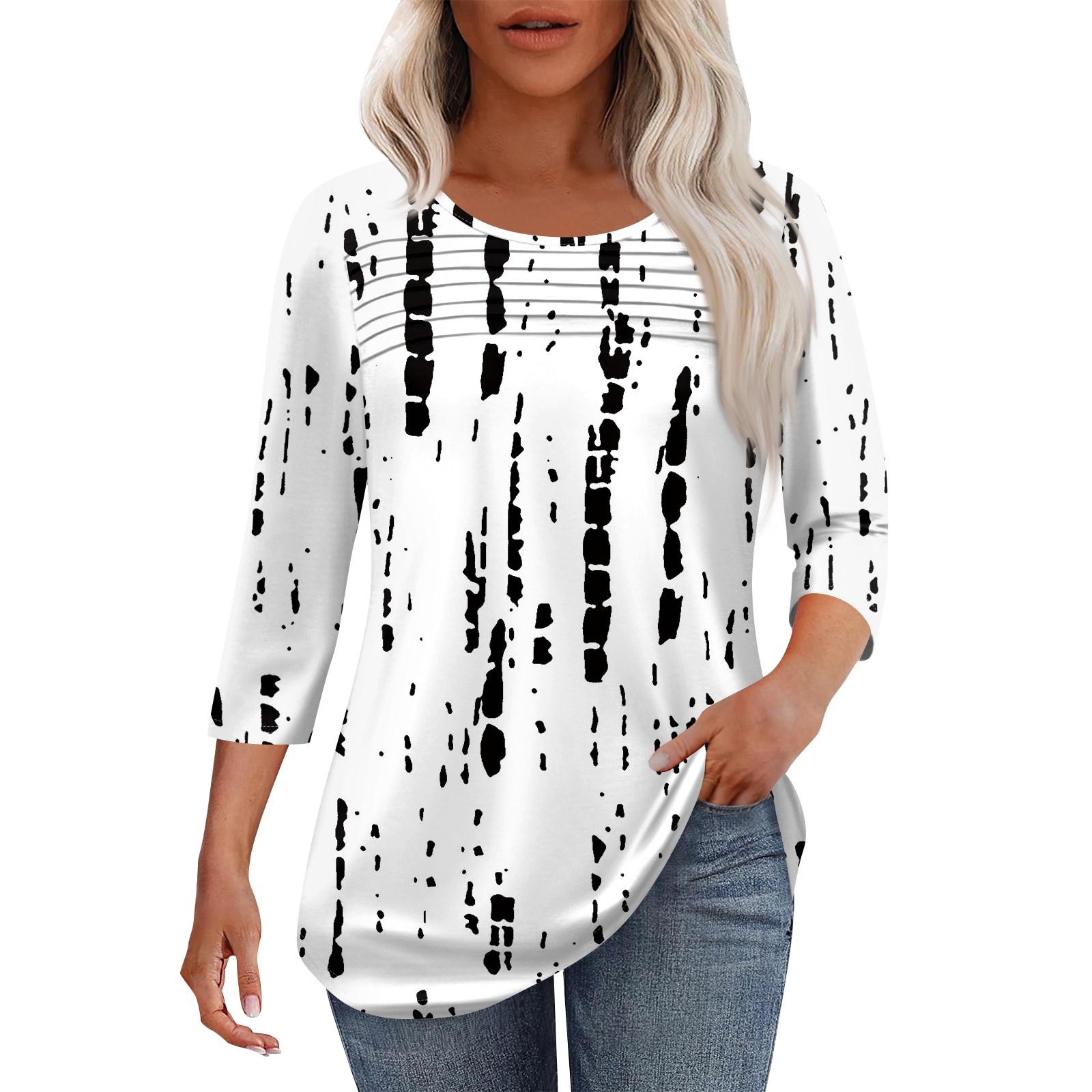 

Женская мода круглый вырез шея плиссированная передняя планка однотонный топ рукав 3/4 XL белый