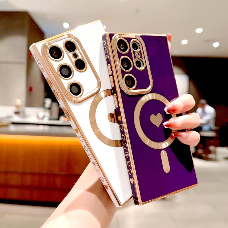Plating Soft TPU Case For Samsung Galaxy S26 S25 S24 S23 S22 S21 Ultra Plus For Magsafe Magnetic Charge Love Heart Full Cover