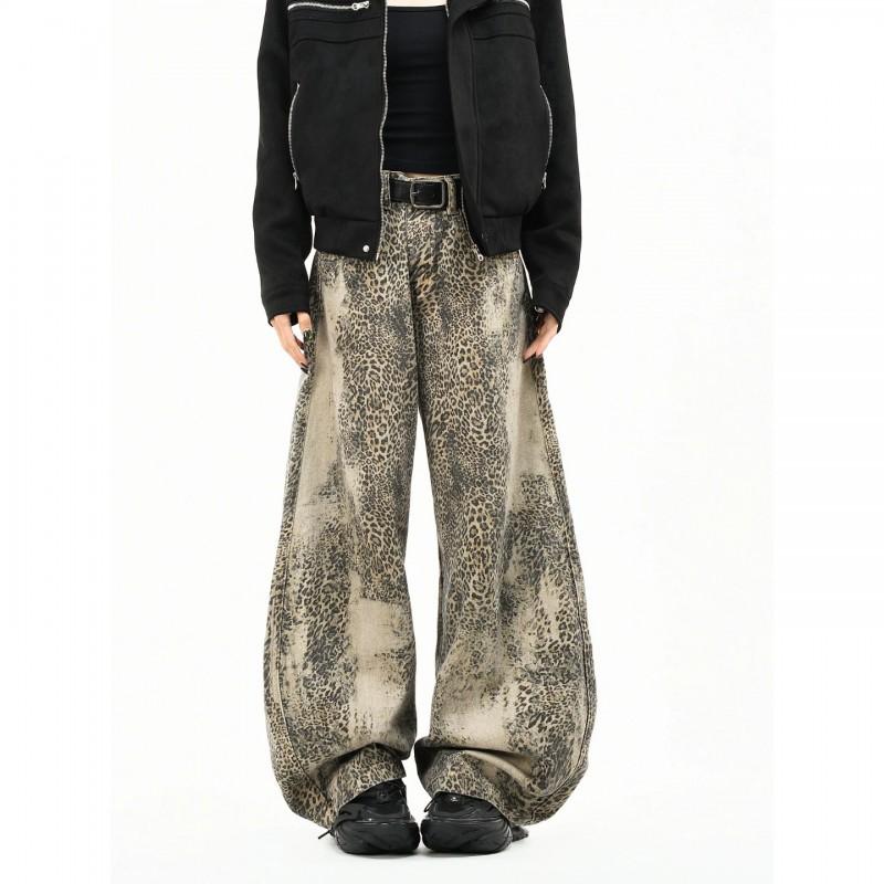 Jeans Anchos de Pierna con Estampado de Leopardo Desgastado para Hombre - Pantalones Cargo Rectos Oversize Streetwear
