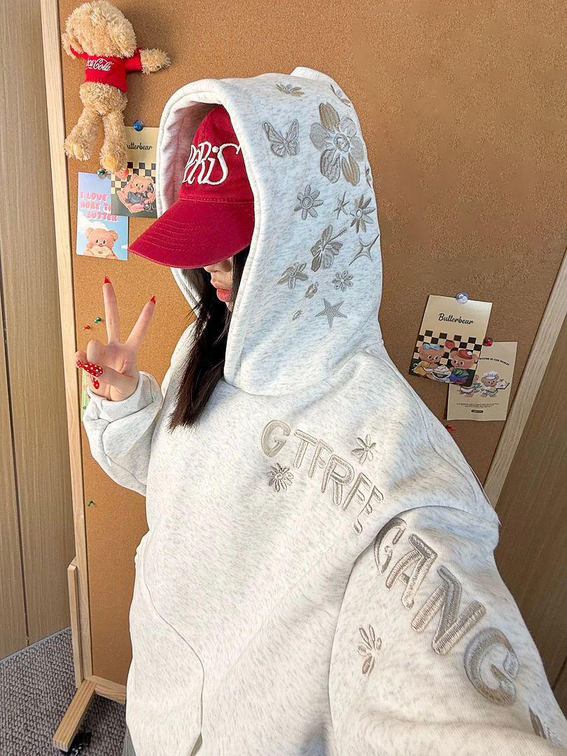 Unisex Retro Floral Embroidered Hoodie - Versatile Loose Fit for Autumn/Winter XL