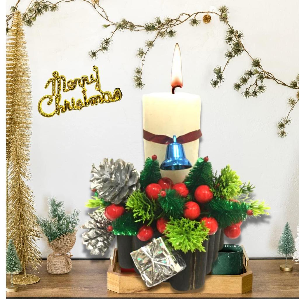 Decorative Candle with Wooden Stand Wax Pillar Design Round Merry Christmas Candles with Decoration Items