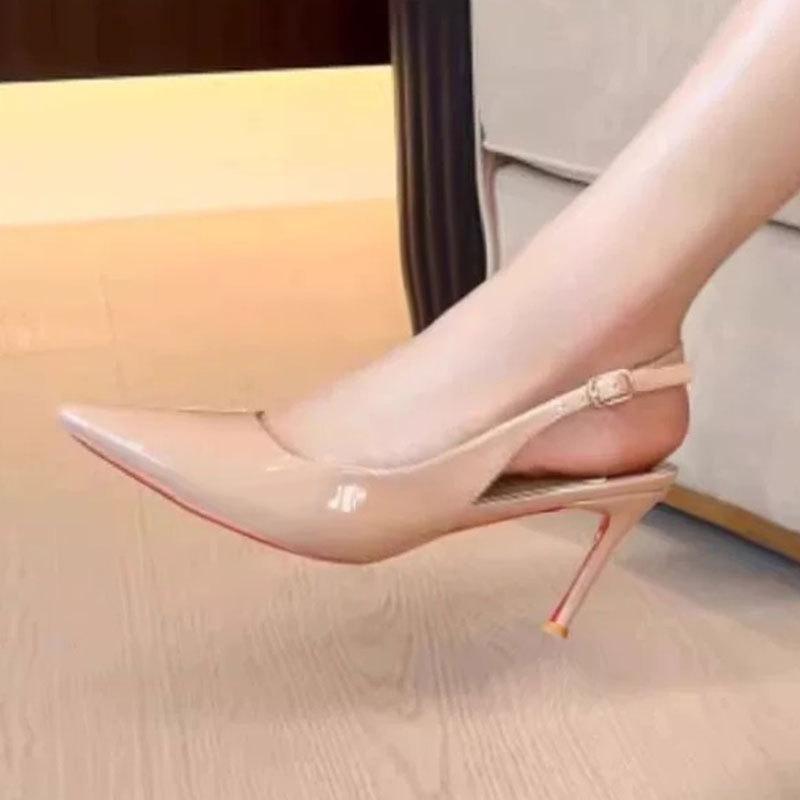 New Red Background, Black Patent Leather Pointed Tip Thin Heel Royal Sister Sexy High Heels Femininity Bag Head Sandals
