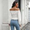 Off Shoulder Hot Style Front Straps Women Blouse Long Sleeve Slim Waist Pleated Short Top Elegant Casual Shirt New Solid Color Ruffled Clothng
