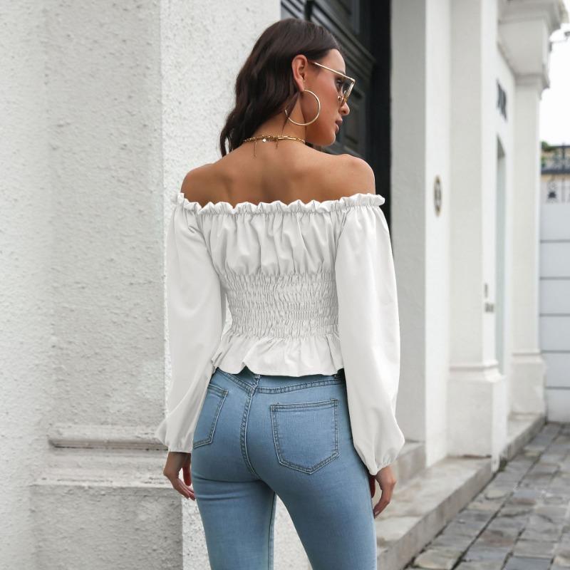 Off Shoulder Hot Style Front Straps Women Blouse Long Sleeve Slim Waist Pleated Short Top Elegant Casual Shirt New Solid Color Ruffled Clothng