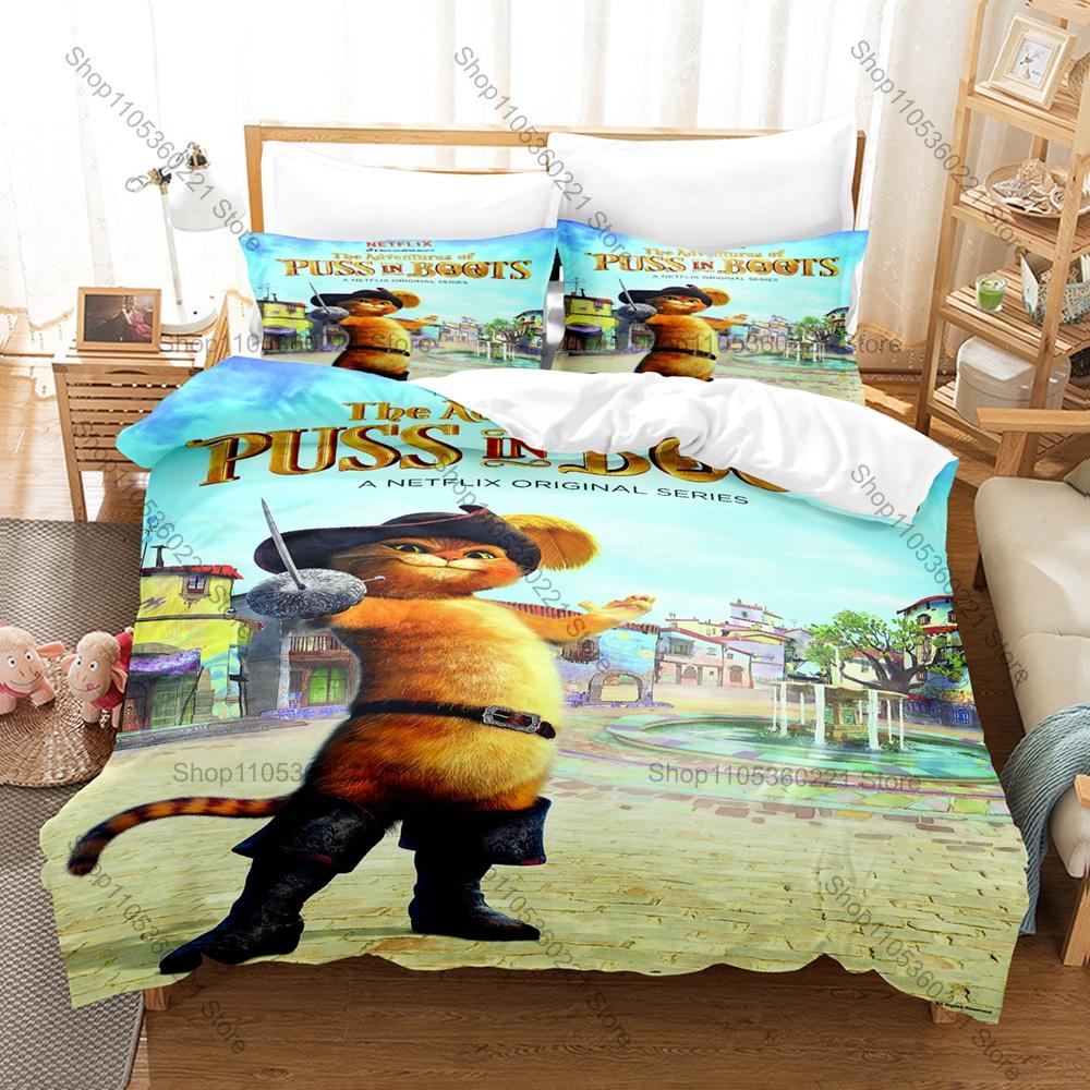 Cartoon PUSS IN BOOTS Bedding Set, Duvet Cover + 2 Pillowcases Vivid Pattern for Home Dorm Daily Use & Collection