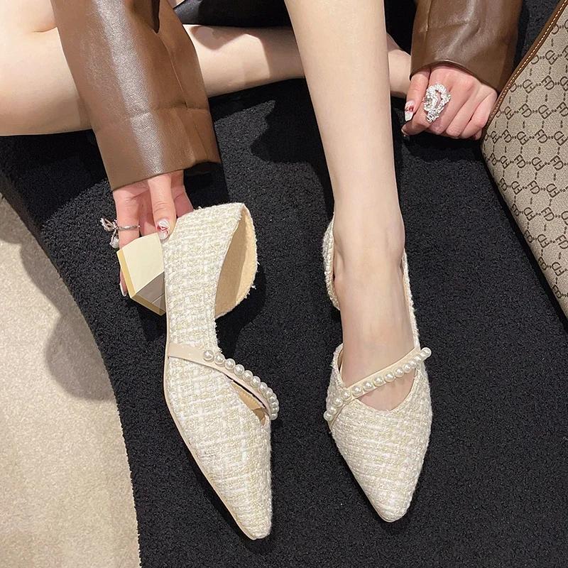 Woman Sexy High Heels Shoes Shallow Mouth 2024 Branded Pumps Lace-Up Sweet Chunky Sandals Footwear Pointed Wedge Slip On