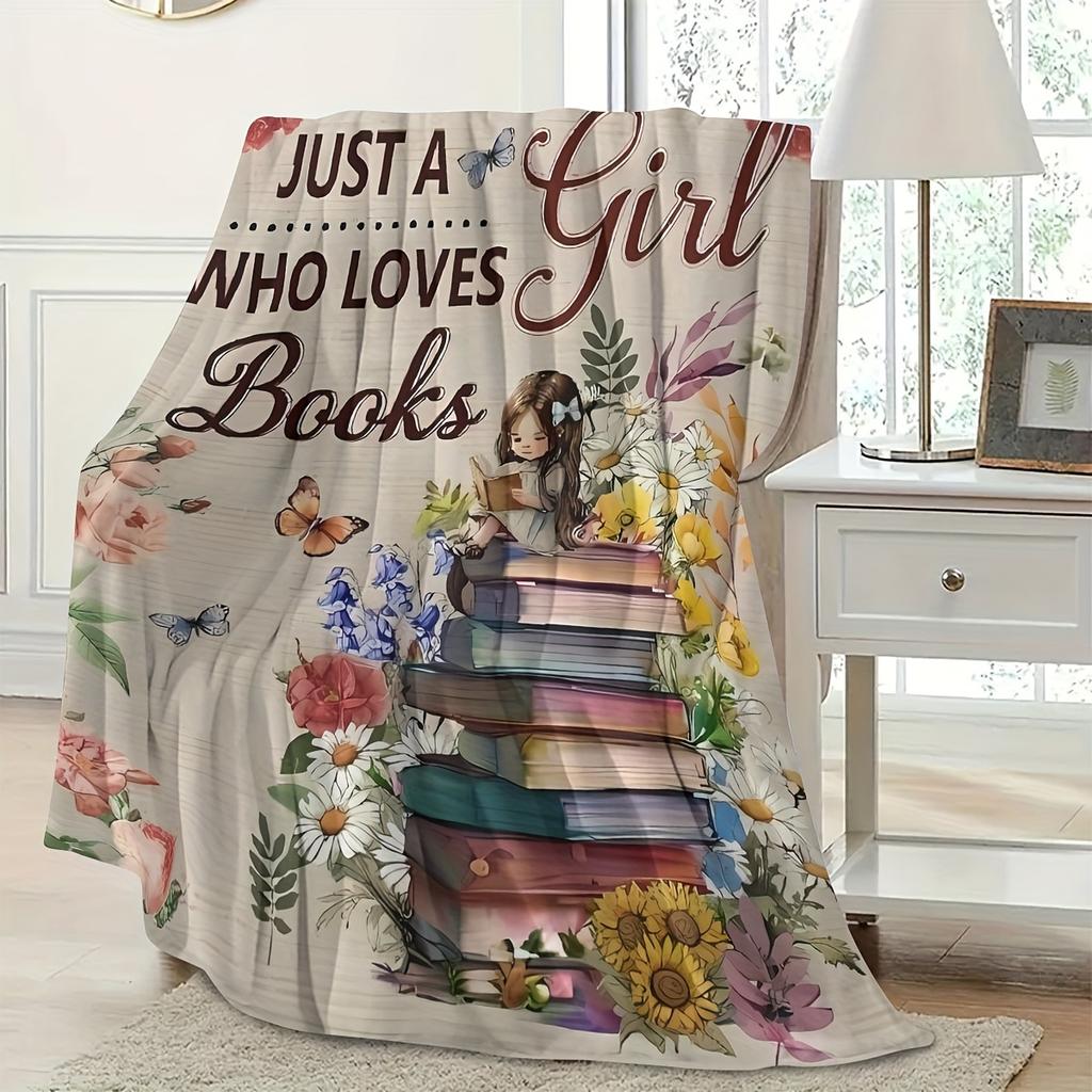 1pc Cozy 'Just A Girl Who Loves Books' Flannel Throw Blanket Lightweight And Soft for Couch Travel & Home - Perfect for Book Lovers