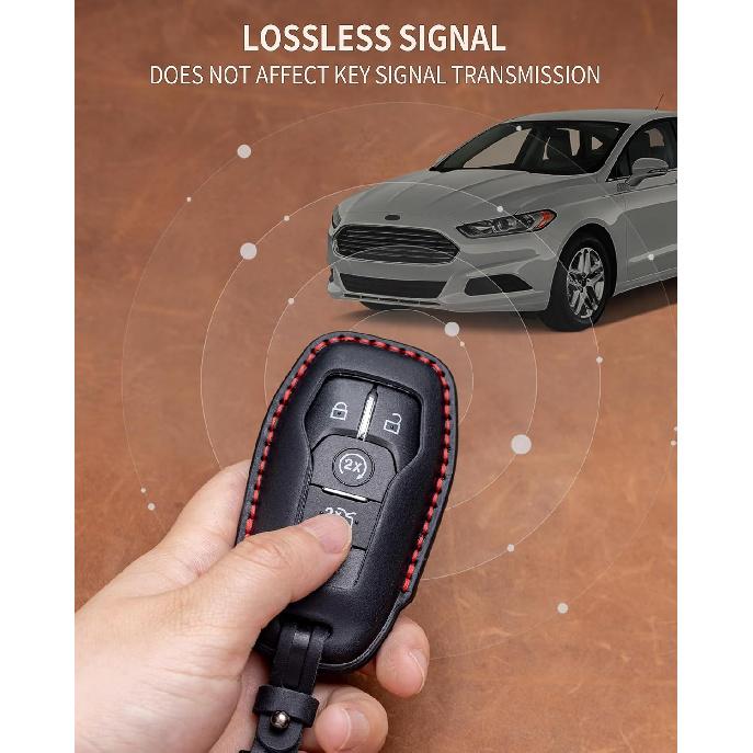 for Ford and for Lincoln Key Fob Cover Leather Car Key Chain Case Holder Compatible for Explorer Mustang Edge Fusion F150 MKZ MKC -Black