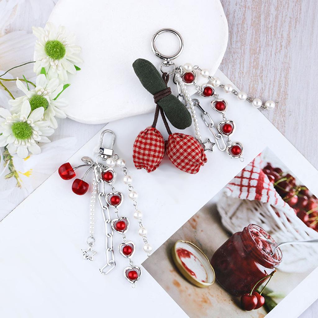 Cherry Shape Key Chain Fashion Keyholders Pearls Heart Star Keychain Hanging Ornament Car Key Rings for Bag Decoration