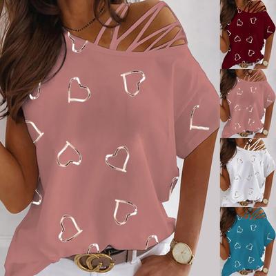 Sommer-Love-Print-T-Shirt für Damen, lässiges, schulterfreies, unregelmäßiges Kurzarm-T-Shirt mit Rundhalsausschnitt