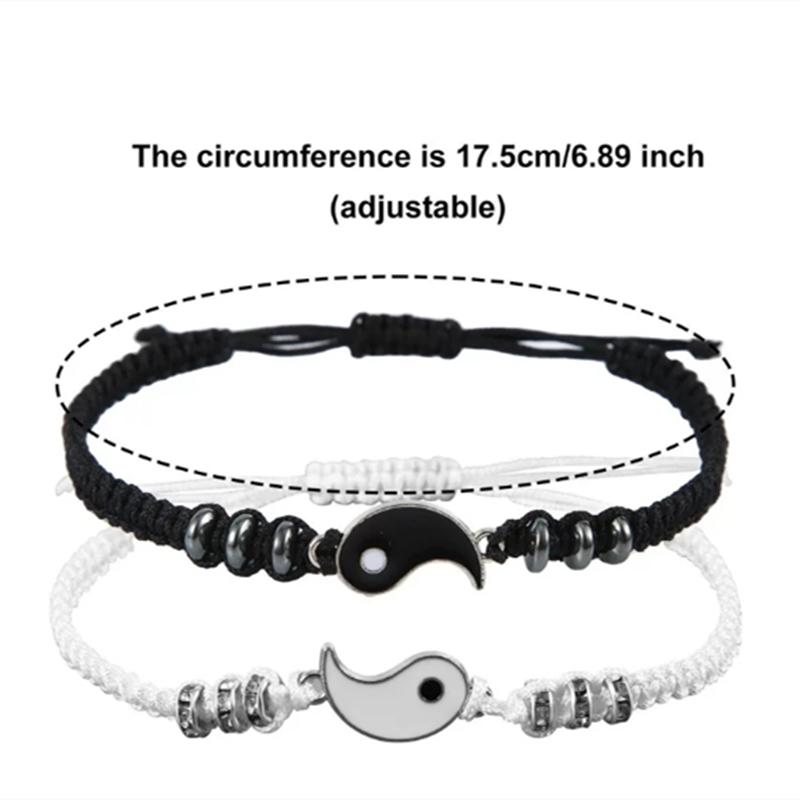 2pcs Jewelry Set Couple Black White Tai Chi Bracelet Rope Adjustable Chain Set Simple Style Daily Wear Jewelry