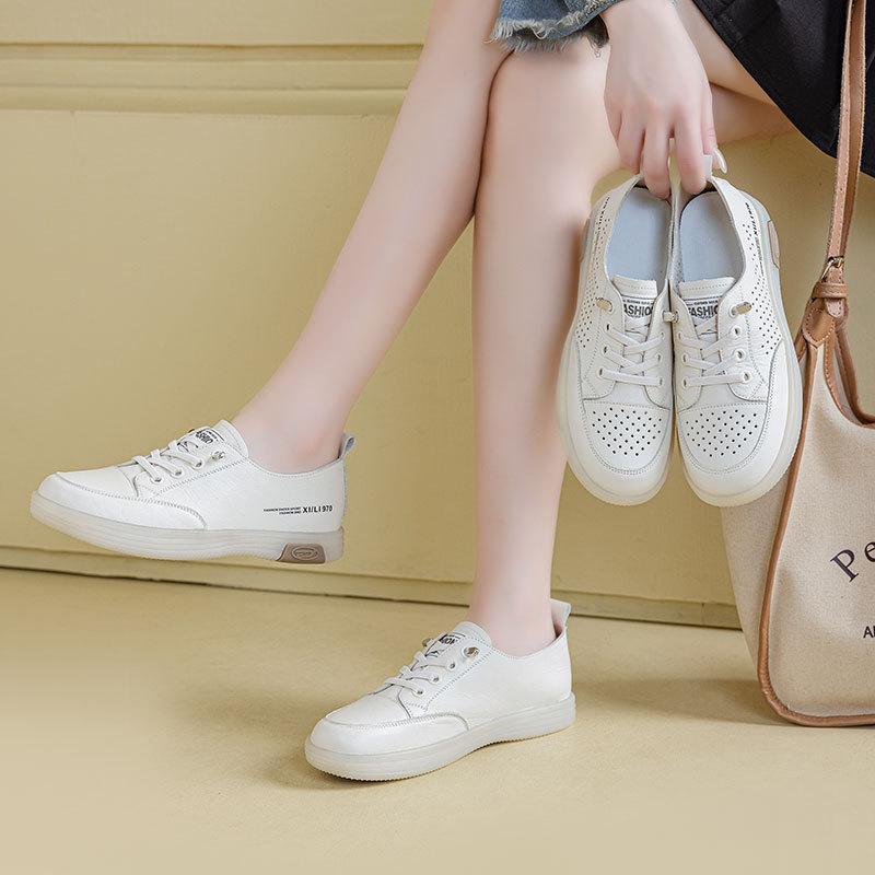 2025 Summer New Leather Little White Shoes Women's Breathable Casual Board Shoes Soft Sole Not Tired Feet Versatile Single Shoes One Pedal