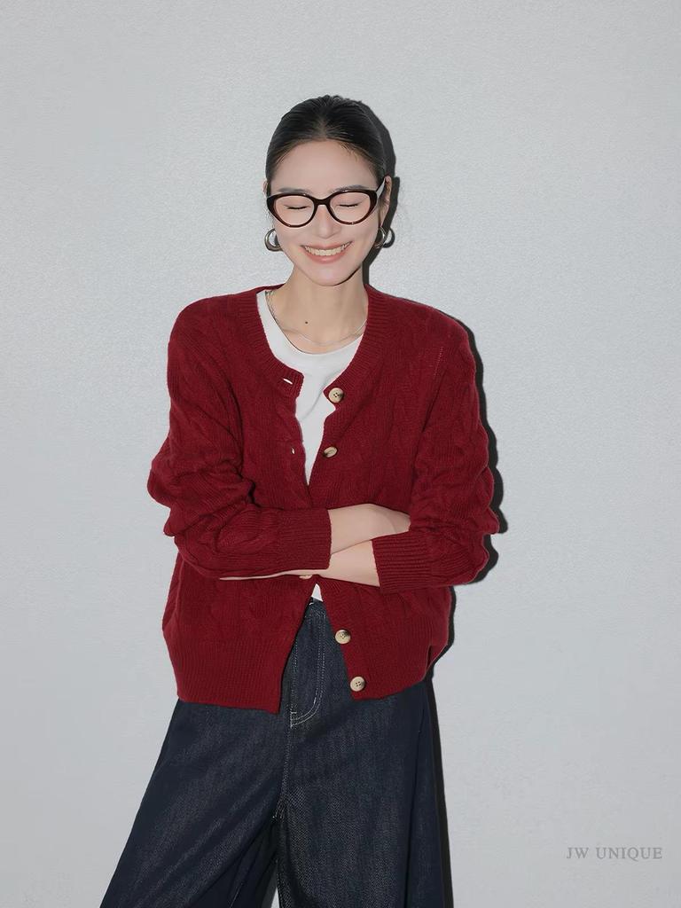 Autumn 2026 Women's Round Neck Cable Knit Cardigan - Long Sleeve, Single-Breasted Sweater.