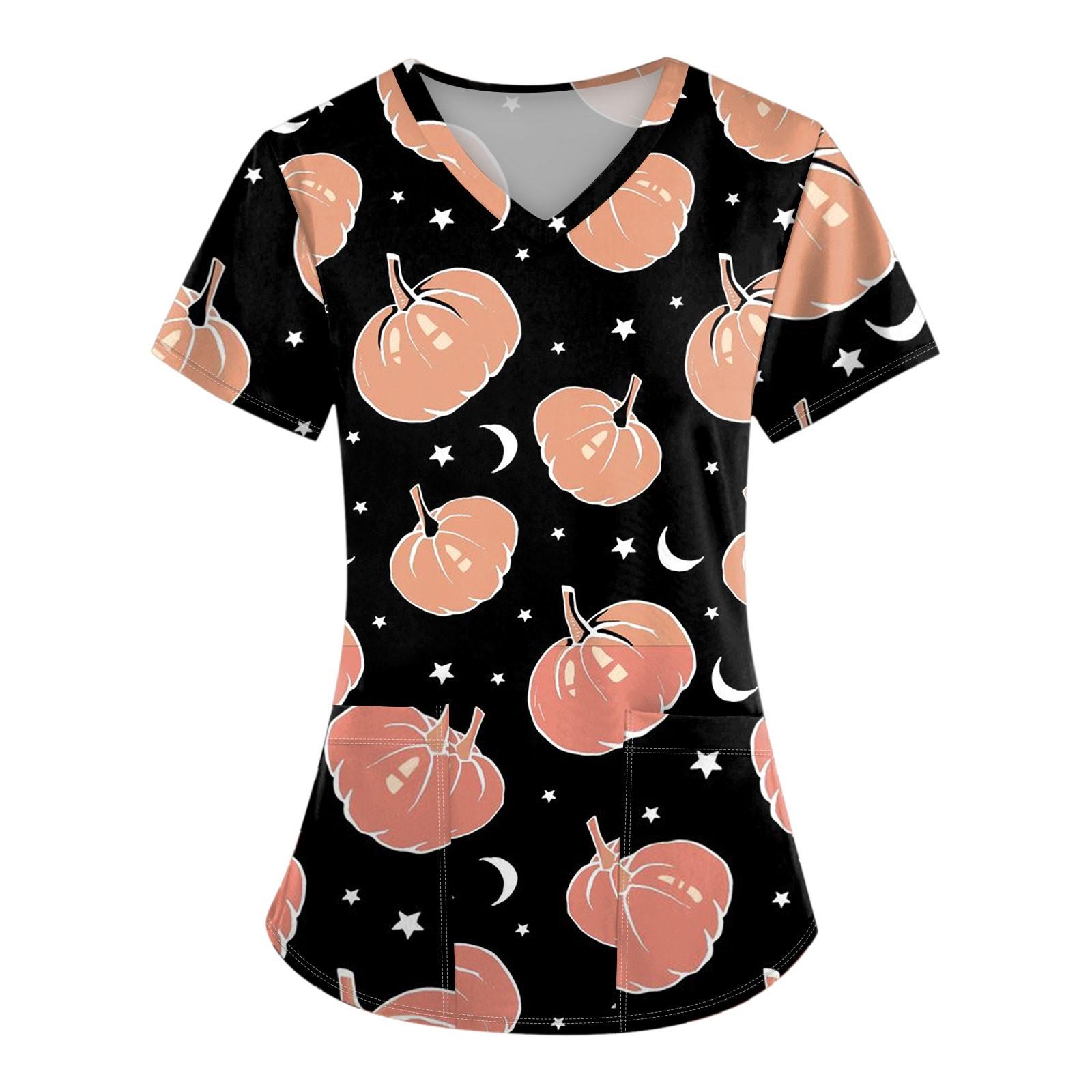 Женская униформа с коротким рукавом и принтом на Хэллоуин с V-образным вырезом и карманом — фото 10