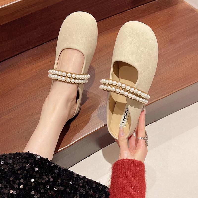 Baotou half slippers women's spring and summer wear the 2025 new Internet celebrity pearl comfortable soft-soled fairy-style sandals