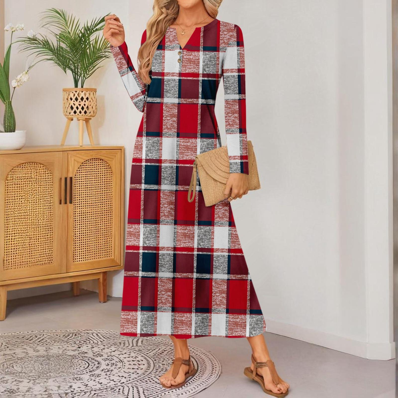 

women s plaid print long-sleeved comfortable loose dress elegant dress XL кавун червоний колір