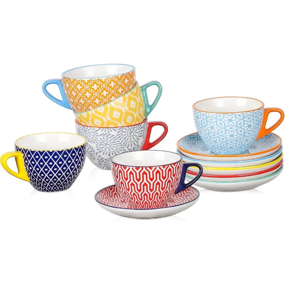 Ceramic 8 Oz Cappuccino Cup Set with Saucers, Espresso Coffee Cups, Latte Macchiato for Party Cafe Home, Set of 6