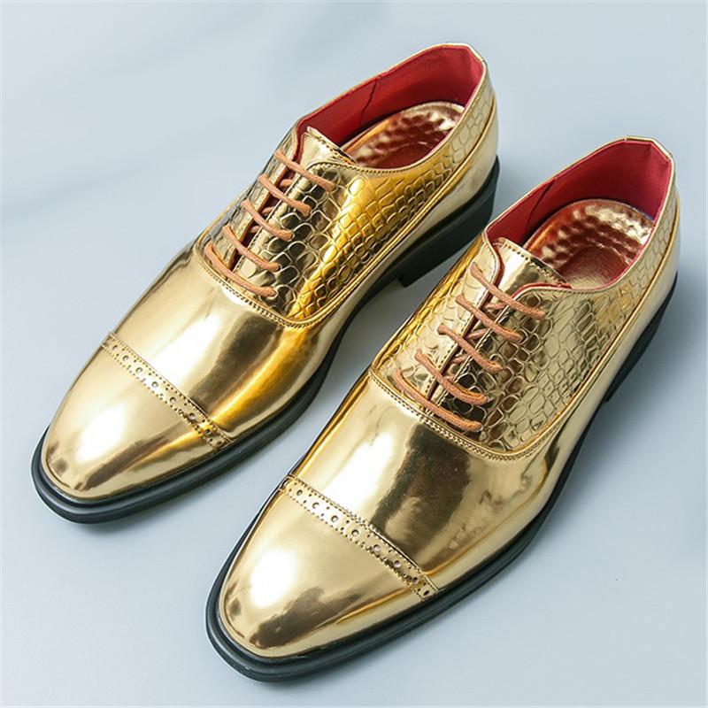 

Новая Мода Глянцевый Черный Золотой Лакированная Кожа Шнуровка Платье Броги Обувь Для Мужчин Дизайнерские Свадебные Оксфорды Zapatos Hombre 38