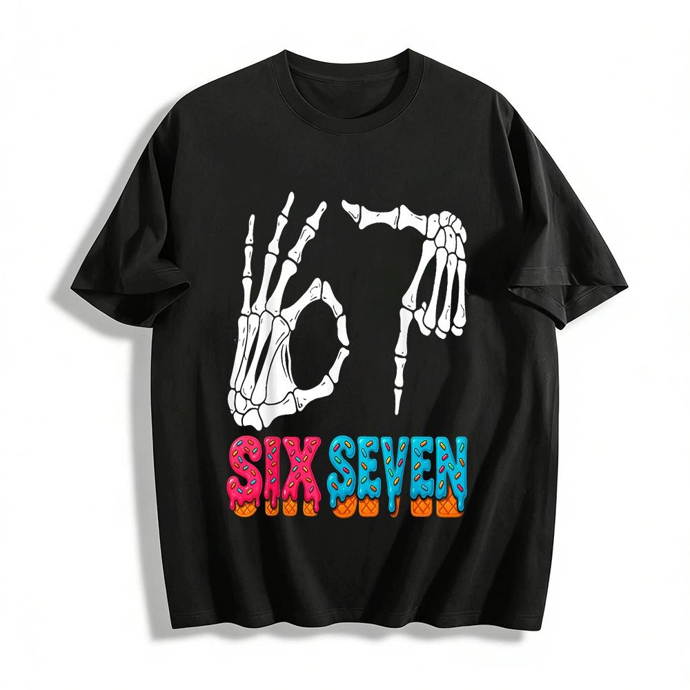 

Skeleton Hands Six Seven Donut Print Casual Short Sleeve T-Shirt Pure cotton T-shirt XXS