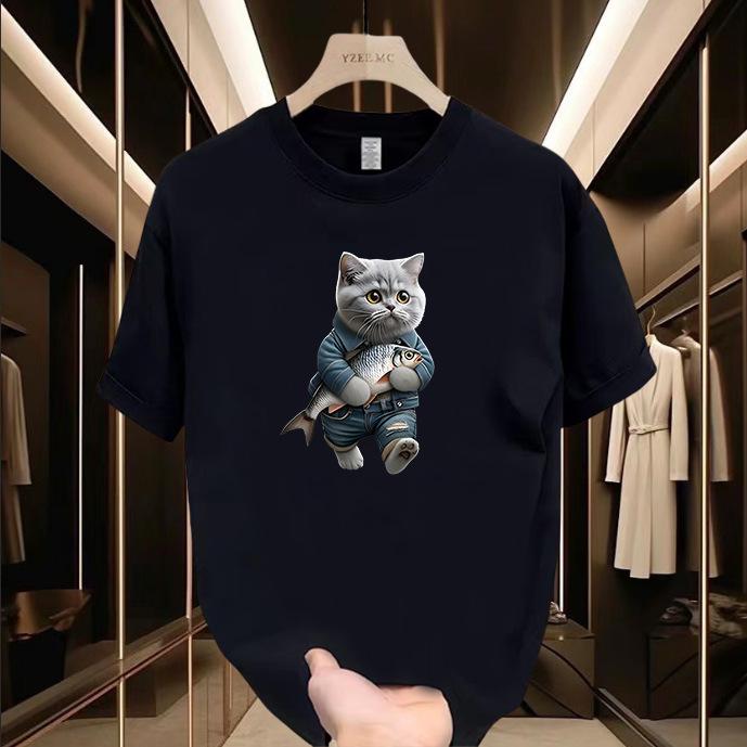 Uniseksowy letni T-shirt z nadrukiem kota - Amerykańska marka modowa, z krótkim rękawem, wszechstronny top dla par