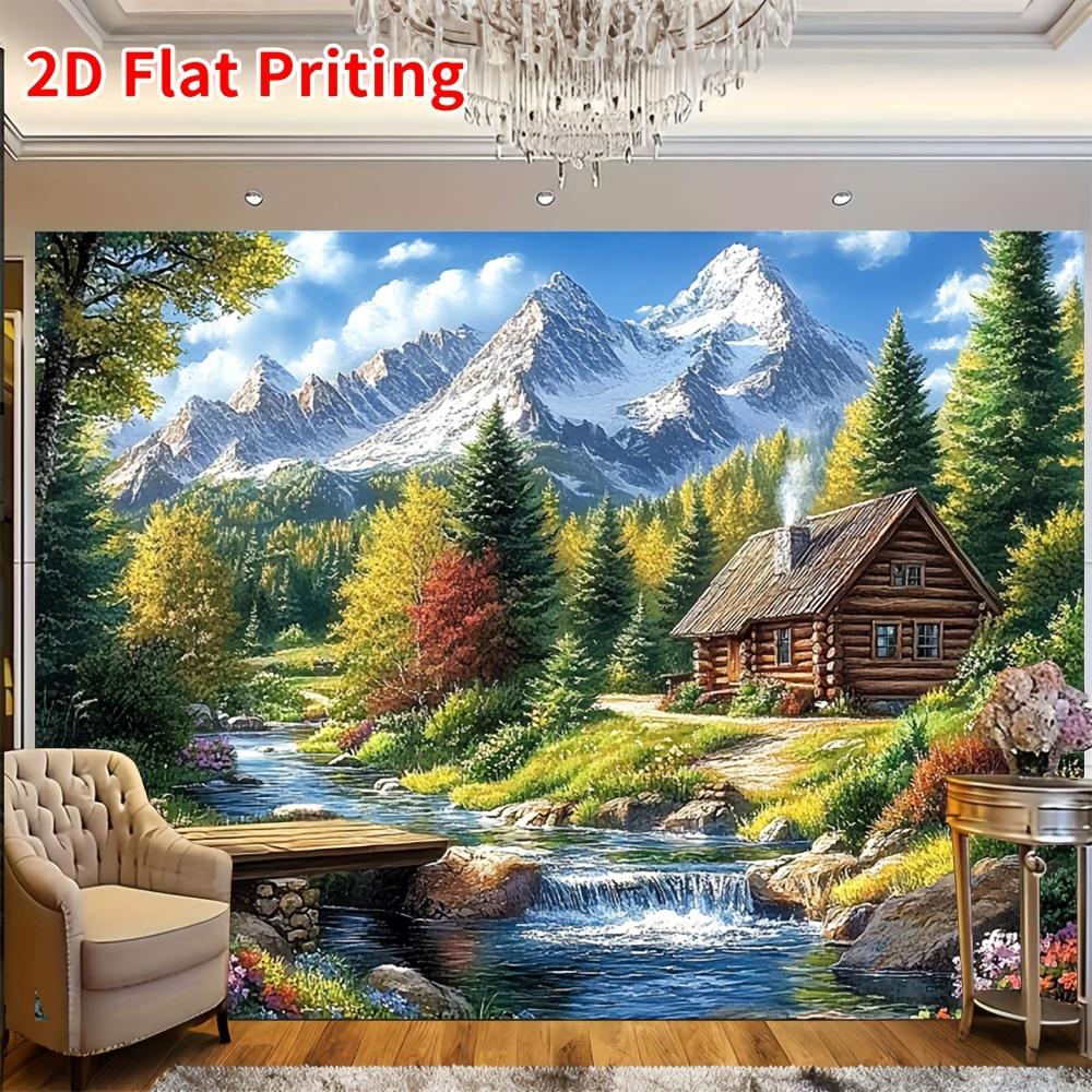 2D Plane 1 Piece of Mountain Cabin Landscape Background Fabric Suitable for Home Wall Decoration Photography and Parties