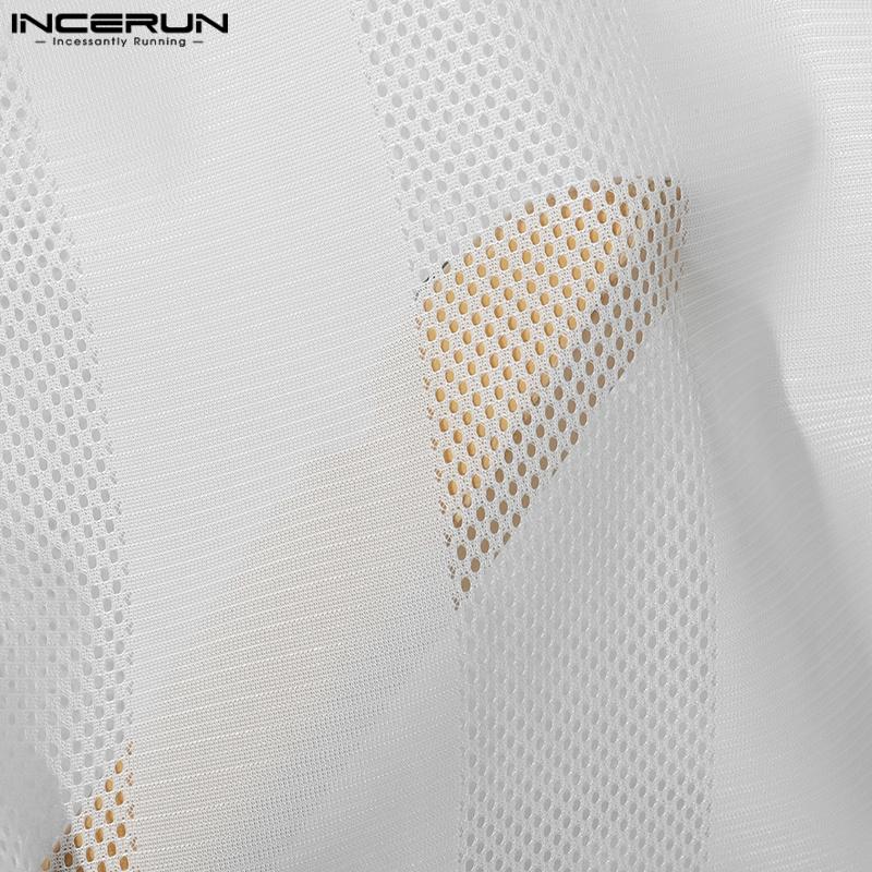 INCERUN Men Sleeveless Striped Transparent Mesh Sheer Hooded Tank Tops
