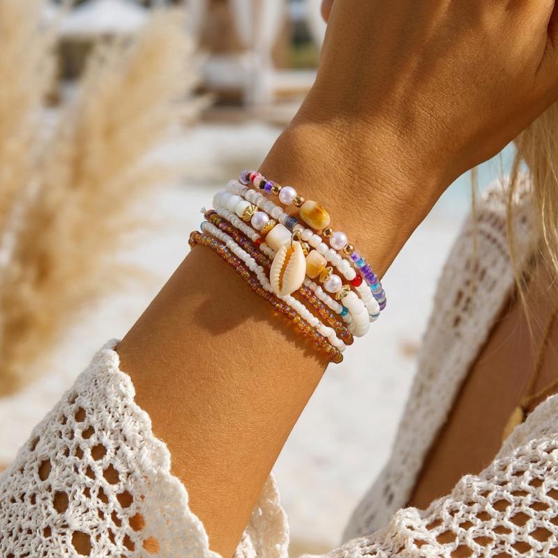 Boho Reisperlen Seestern Anhänger Armbänder Für Frauen Sommer Ozean Strand Muschel Charme Mehrschichtiges Armband Set